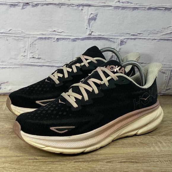 Hoka One One Clifton 9 Running Shoes Women's Size 9 Obsidian Black Pink Sneakers - Picture 3 of 8